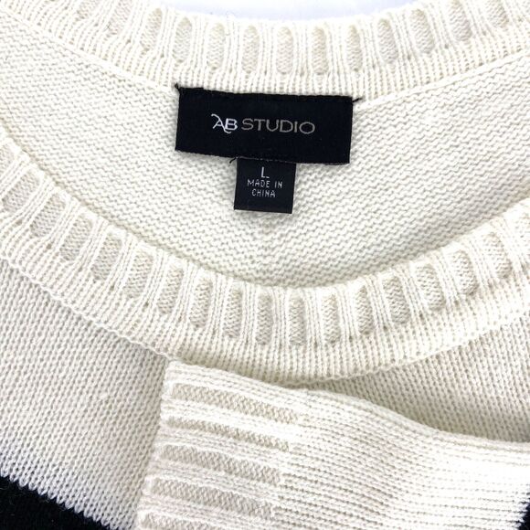 AB Studio Womens Size Large Sweater Top White Black Stripe Chevron Pointed Hem - Picture 4 of 6